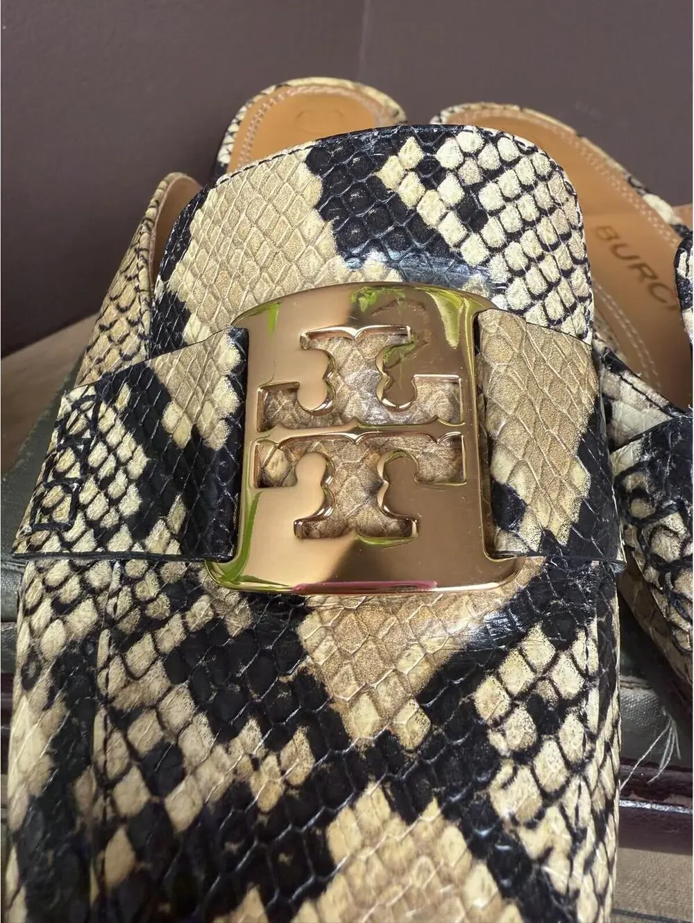 Tory Burch G Georgia mule slide loafer, snake print, gold logo buckle size 8.5